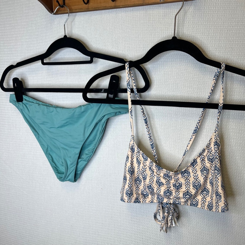 Eberjey Women Blue Geometric Print Bikini Top and Solid Teal Bottoms Set Large